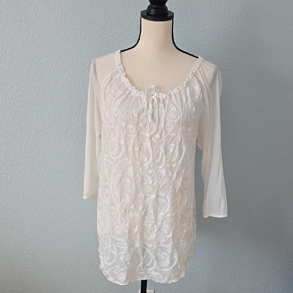 COLDWATER CREEK White Embroidered 3/4 Sleeves Blouse Sz XL 16 Tie Scoop Neck - Picture 1 of 12